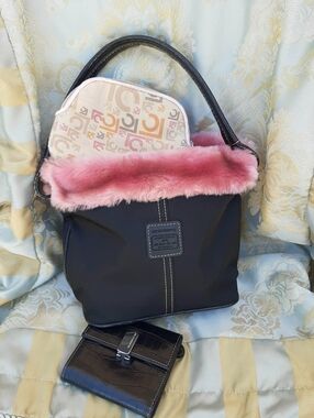 LIZ CLAIBORNE 2001 Vintage Y2K Small Fur Lined Nylon Bucket Tote 3 Pc Set